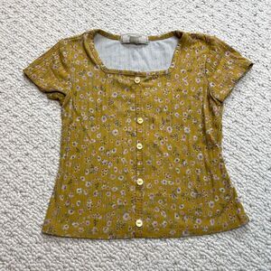 No Comment Blouse Shirt Girls 7/8 Yellow Floral Button Up Short Sleeve Top